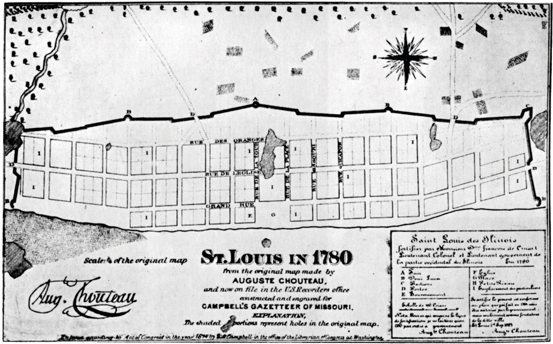 Reconstruction of Auguste Chouteau's original map of St. Louis, ca 1780, reproduced for Campbell's Gazeteer of Missouri, 1874. (1968) [Photographed by Father Luke and published in Rita Adams's 150th Anniversary Pictorial History of Saint Louis University, page 3.]