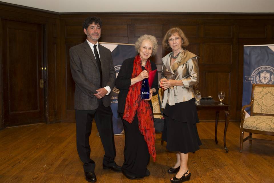Margaret Atwood is presented the St. Louis Literary Award by Ted Ibur and Lana Pepper