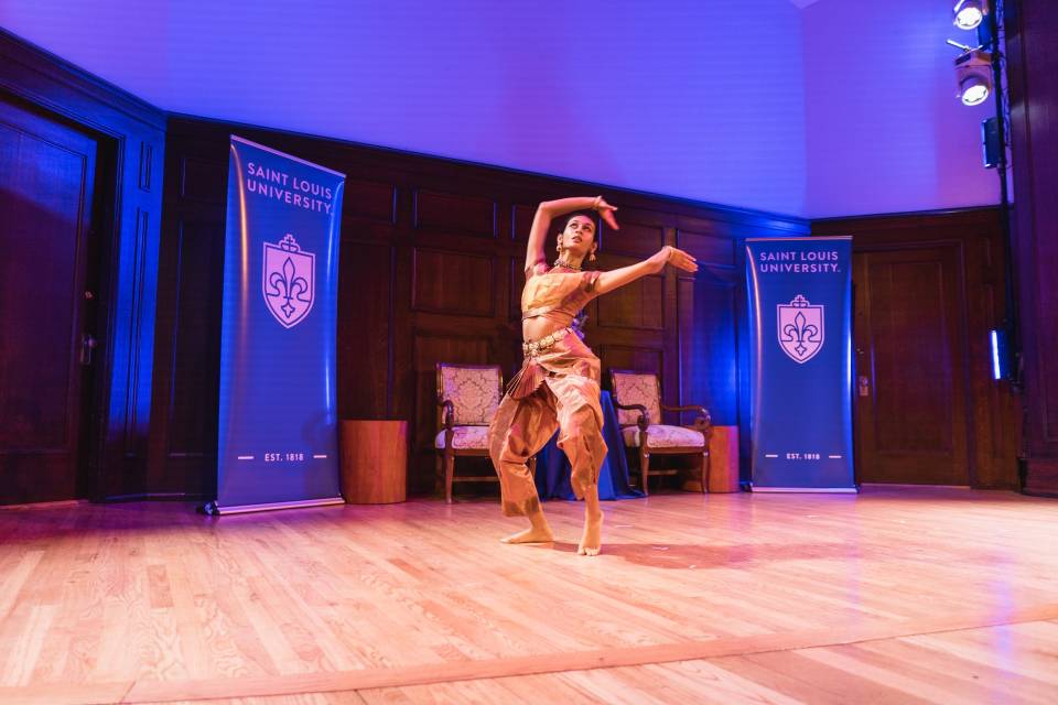 SLU student, Samanvita Kasthuri, performs at the Arundhati Roy Literary Award ceremony at the Sheldon Concert Hall 