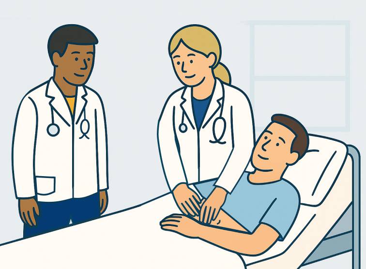 An image of a physician palpating a patient in a clinical bed while a medical learner observes An image of a physician palpating a patient in a clinical bed while a medical learner observes