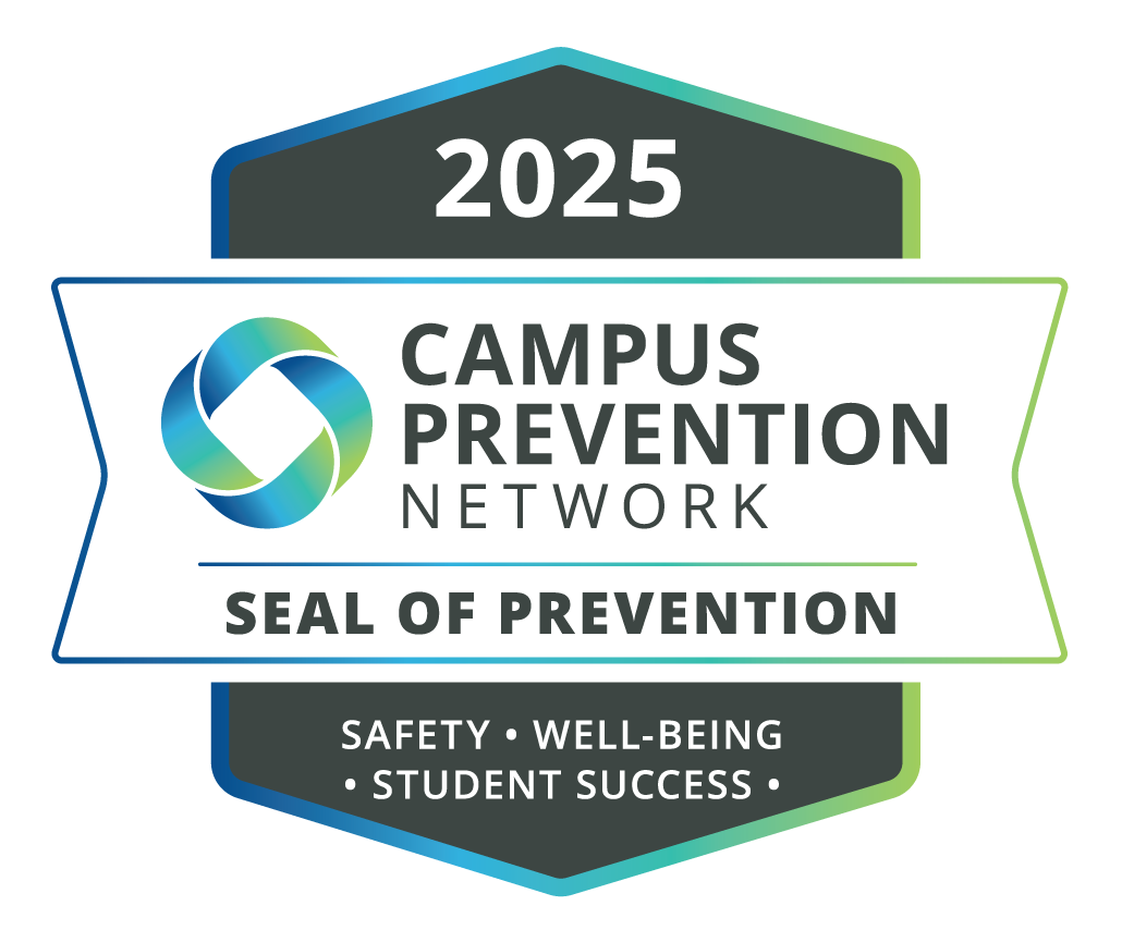 Image of the Vector seal of prevention, reading 2026 Campus Prevention Network Seal of Prevention, Safety, Well being, Student Success